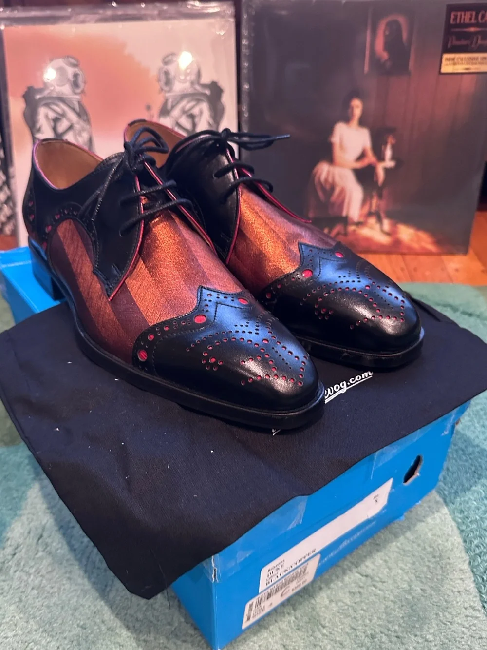 Fluevog NEW/BOX Rufus Magoo Duke black/copper brogue derby-M8/W10 (fits 7.5/9.5)